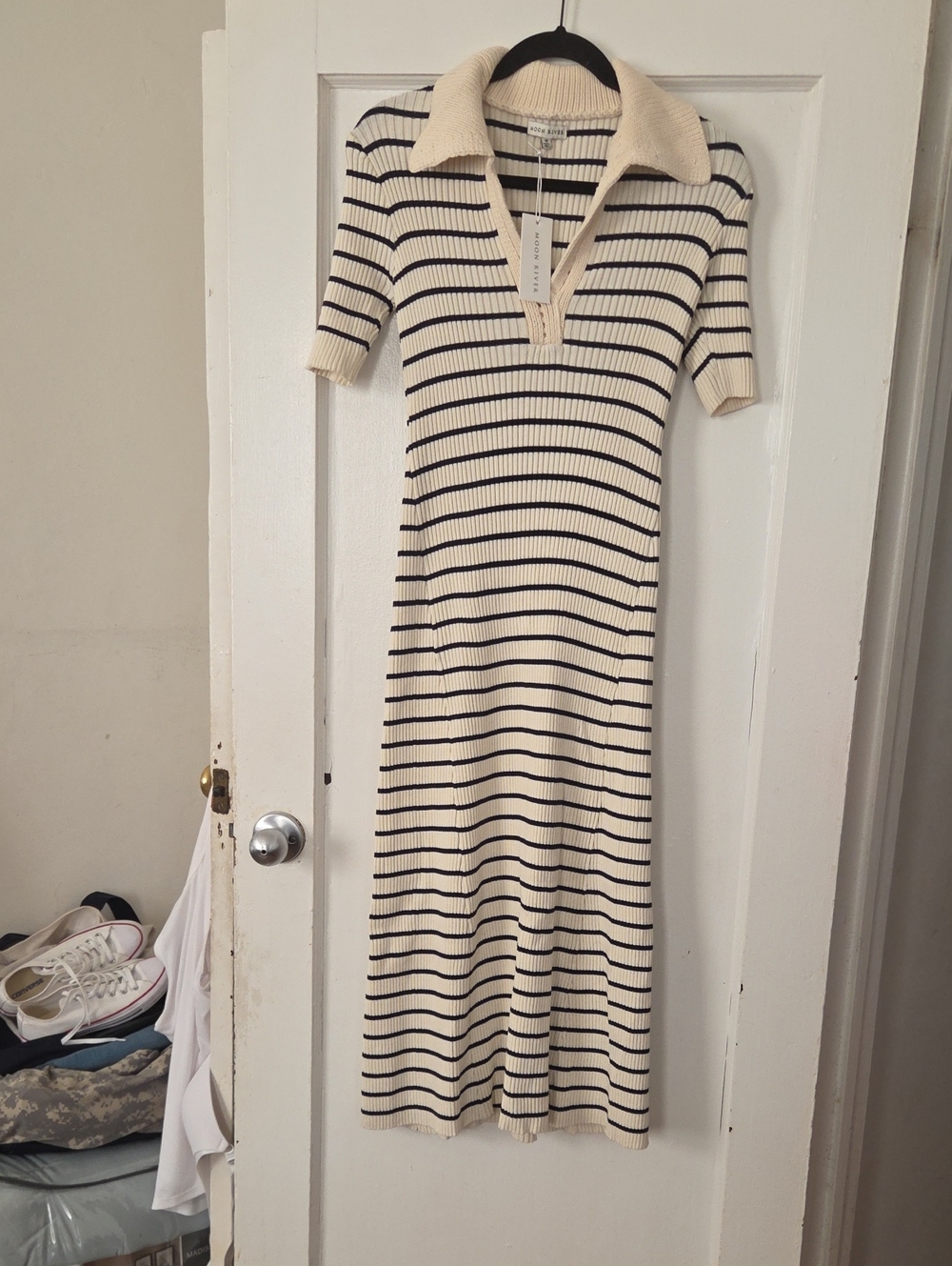 Moon River Cream and Black Striped Maxi Polo Dress